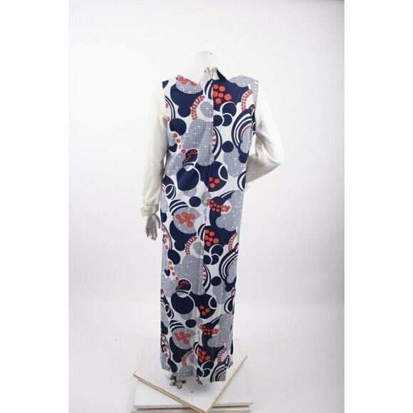 Vintage 60s Womans Maxi Hostess Dress L Dagger Collar Polka Dot Blue Red White - Picture 4 of 6